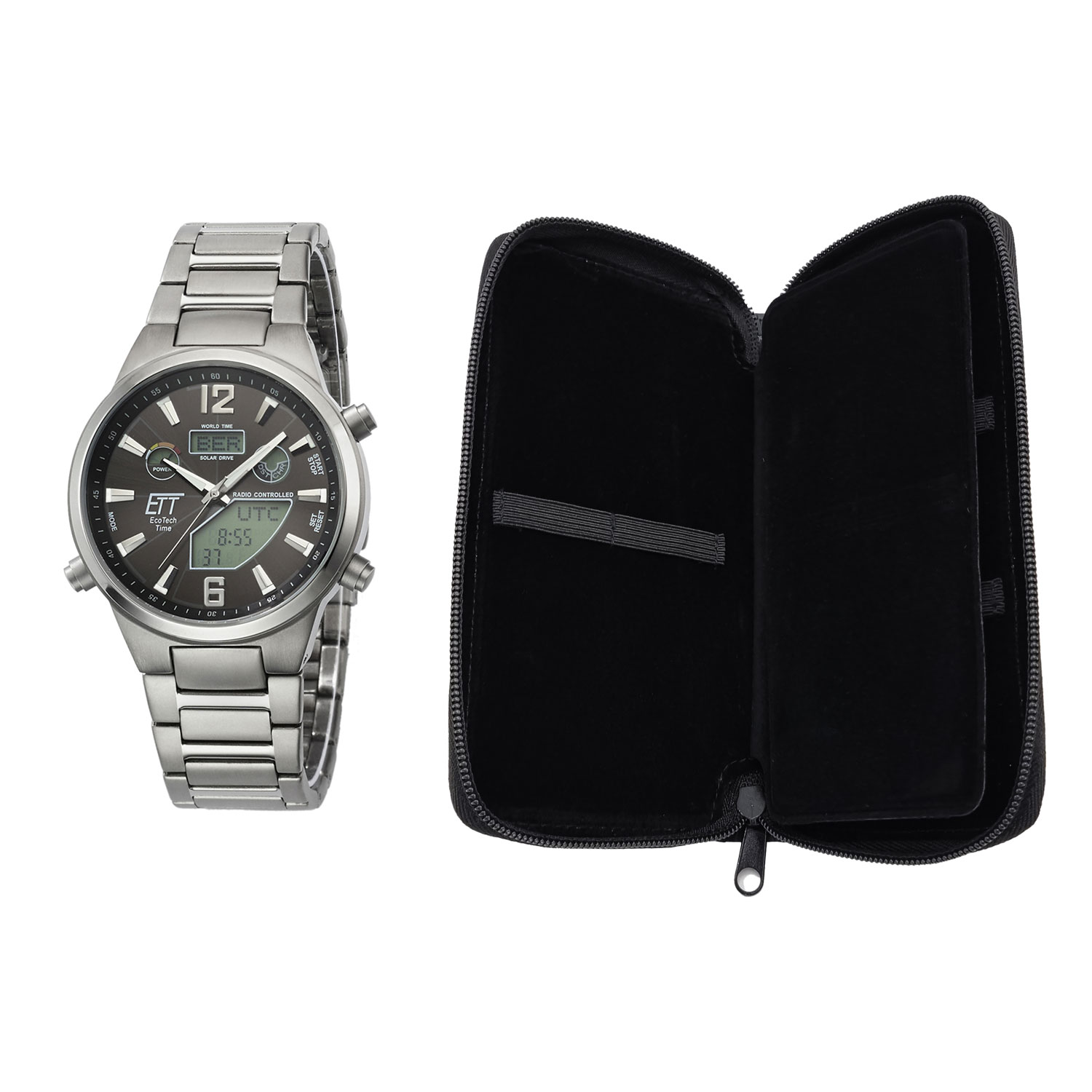 EXCLUSIVE SET WITH FREE TRAVEL CASE: Eco Tech Time Solar Drive Funk Everest II Titanium Men's Watch World Timer - EGT-11380-20M
