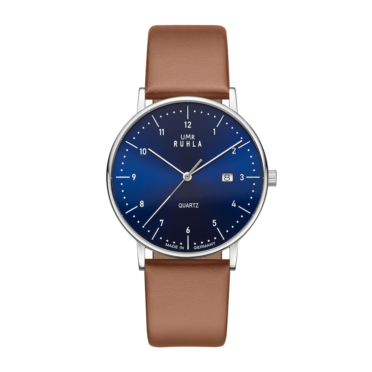 Uhren Manufaktur Ruhla - Armbanduhr Classic - silbernes Geh./dunkelblau, braunes Lederband