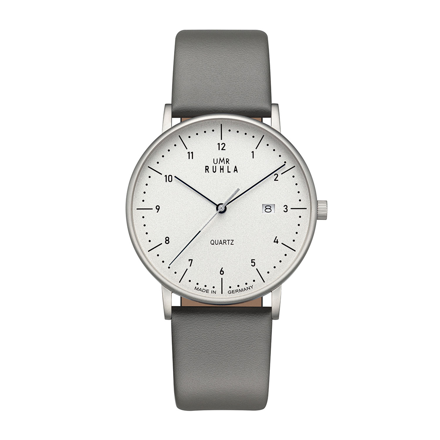 Uhren Manufaktur Ruhla - Armbanduhr Classic - silbernes Geh./weiß, graues Lederband