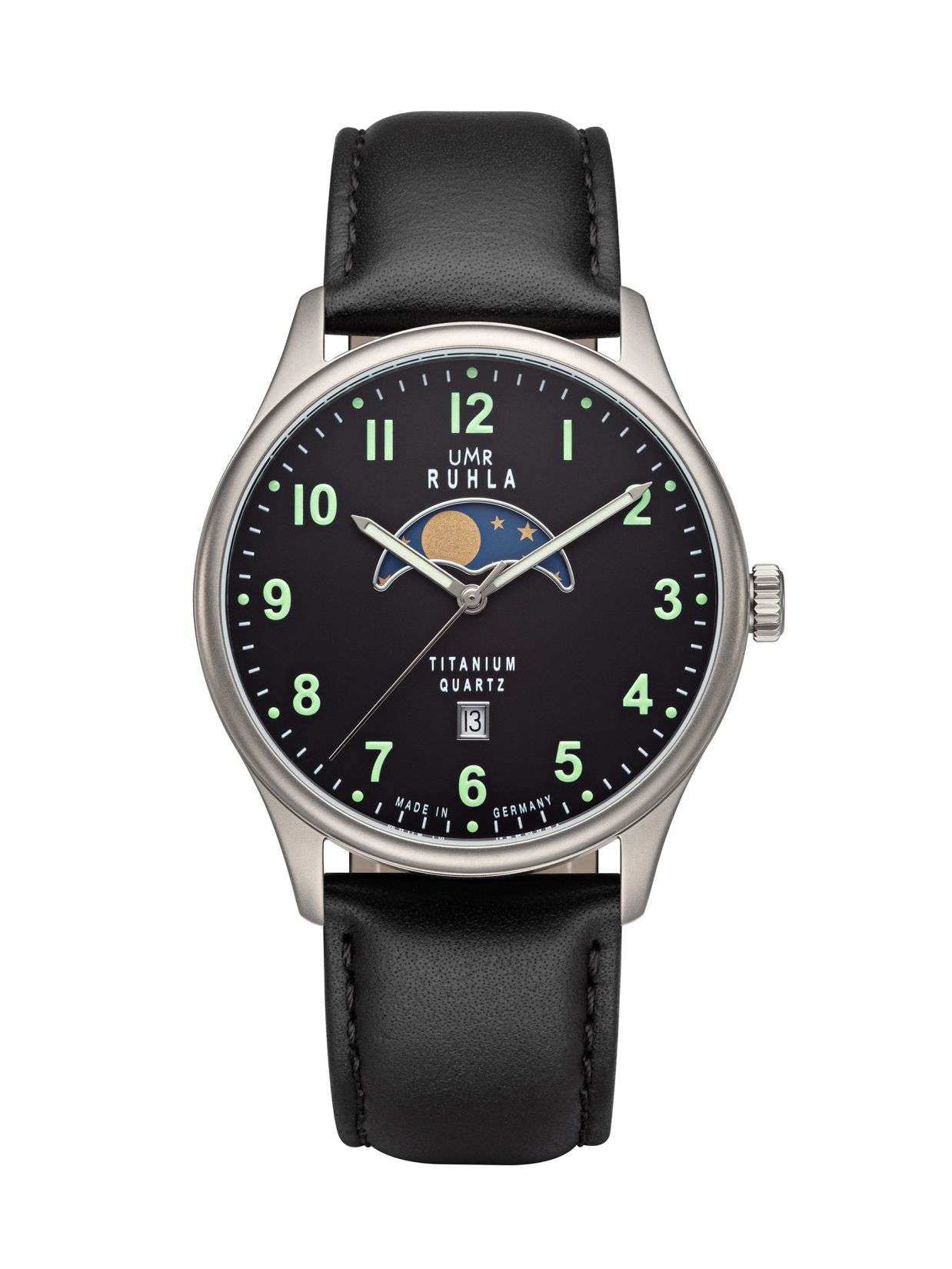 Uhren Manufaktur Ruhla - moon phase watch - titanium - luminous figures - leather strap - made in Germany