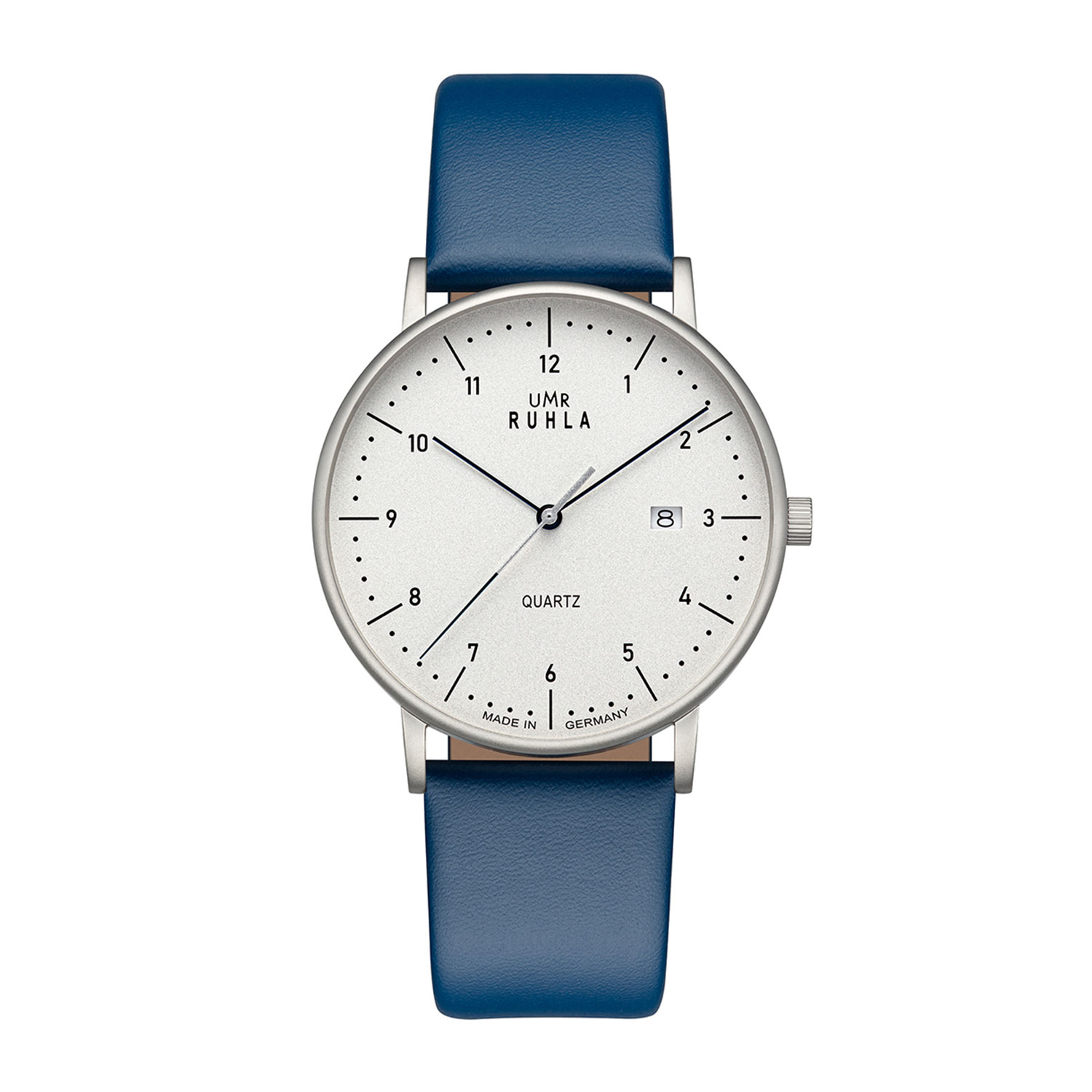 Uhren Manufaktur Ruhla - Armbanduhr Classic - silbernes Geh./weiß, blaues Lederband