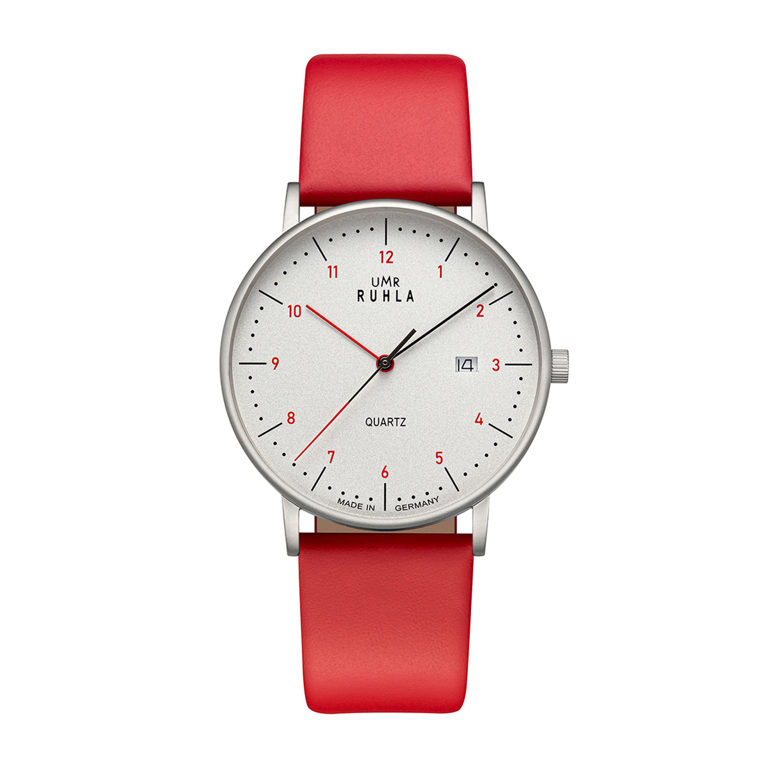Uhren Manufaktur Ruhla - Armbanduhr Classic, silbernes Geh., weiß, rotes Lederband