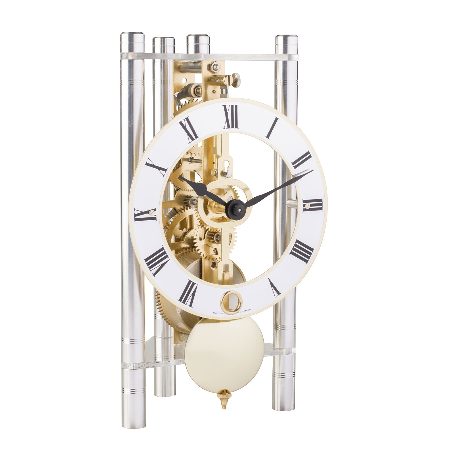 Hermle Tafelklok aluminium Zilver/Goud/Wit, 8-daags Skelet uurwerk, Romeinse cijfers