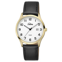 SELVA Kwarts horloge met Leren band, Witte wijzerplaat, Vergulde kast, Ø 39mm