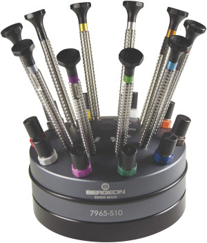 Screwdriver assortment for dynamometric drum , 10 pieces on revolving base with stainless steel blade Bergeon