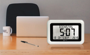Radio-controlled wall clock/table clock with calendar, white