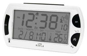 UMR radio controlled alarm clock with large LC display, calendar, temperature and radio signal display, white