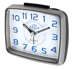 UMR quartz alarm clock silver, with sweeping seconds, top stop and super LED lighting
