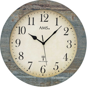 AMS radio wall clock wood/glass blue-grey structured