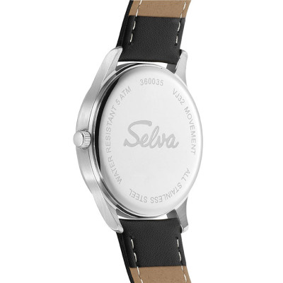 SELVA Kwarts horloge met Leren band, Zwarte wijzerplaat, Ø 39mm