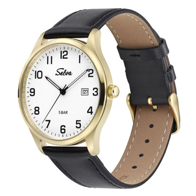 SELVA quartz wristwatch with leather strap White dial, gold-plated case Ø 39mm